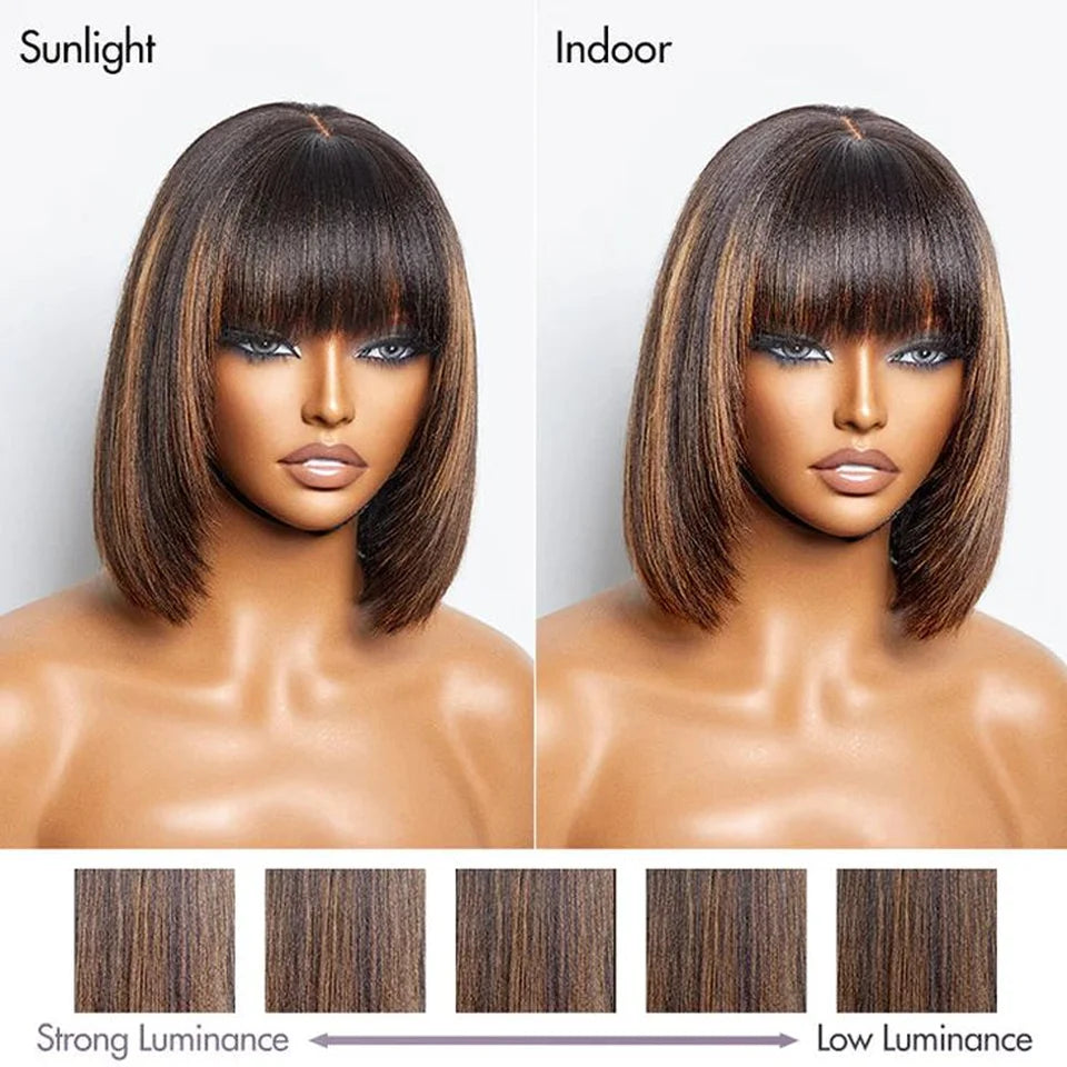 the REBECCA - Highlight Blonde Short BOB 3x1 Lace Glueless Human Hair Wig, Ready To Go Brazilian 1b/30 Straight Bob Bone With Bangs For Women