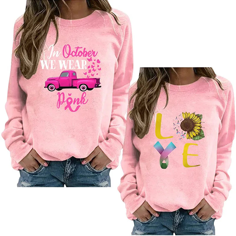 Pink Ribbon Breast Cancer Awareness Long Sleeve Breast Cancer Awareness Shirts for Women Wear Month T-Shirt In October