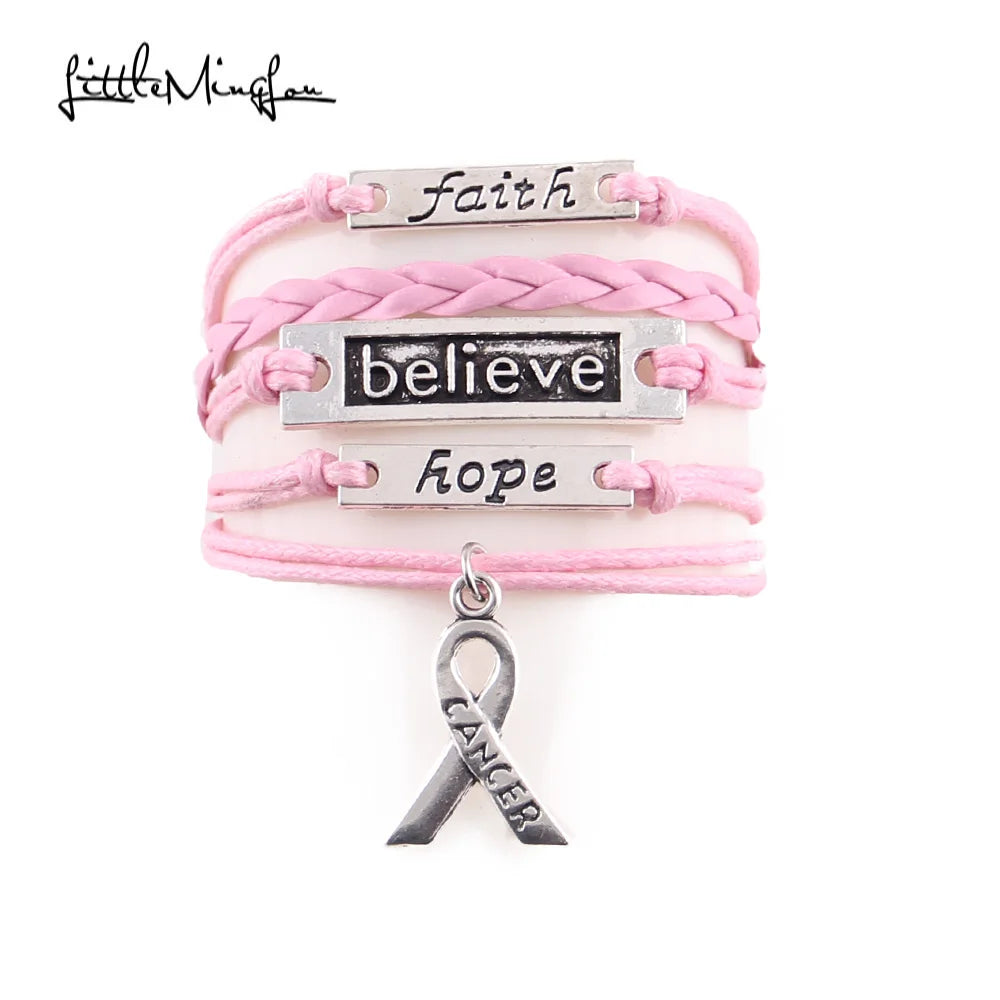 the INSPIRATIONAL - Faith Believe Hope Charm Breast Cancer Women Bracelets, Stacks Awareness Wrap Bracelets