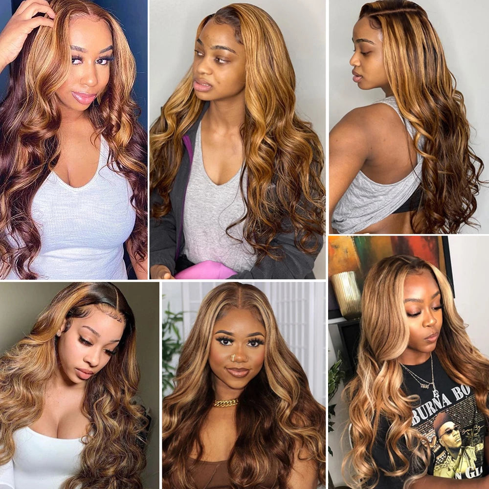 the BECKY - 13x6 Highlight Lace Frontal Wig, Human Hair Body Wave Ombre Colored Honey Blonde Lace Front Human Hair Wigs for Women Pre-Plucked