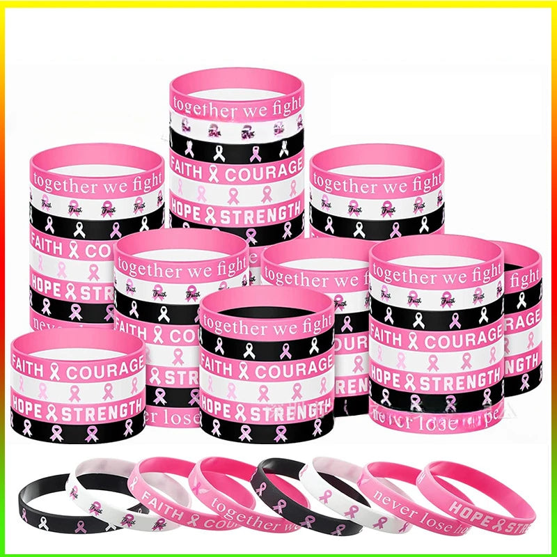 the BREAST FRIENDS FOREVER BRACELETS - 4/8/64pcs Breast Cancer Awareness Silicone Wristbands - Unisex Ribbon Hope Faith Strength Courage Inspiring Bracelets