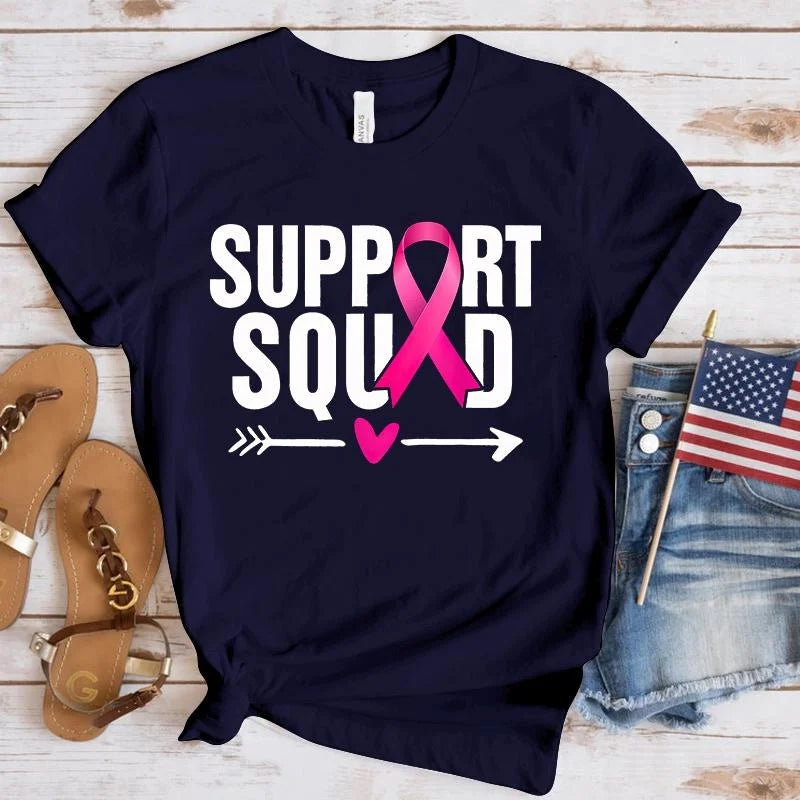 the SUPPORT SQUAD - Breast Cancer Awareness Support Squad Printed Short Sleeve Shirts for Women