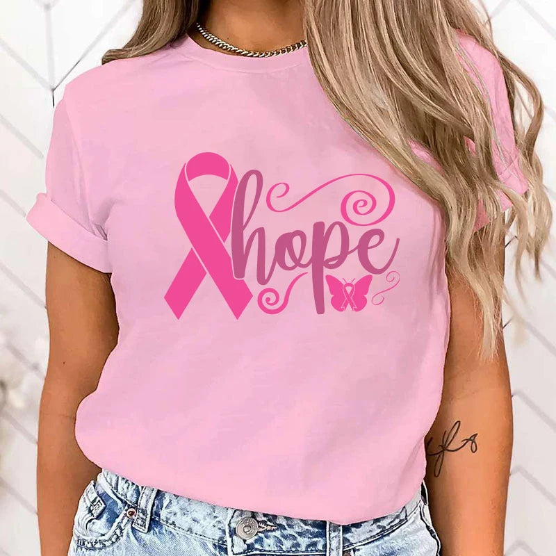 the HOPE RIBBON - Breast Cancer Awareness Hope Print Short Sleeve T-Shirts for Women