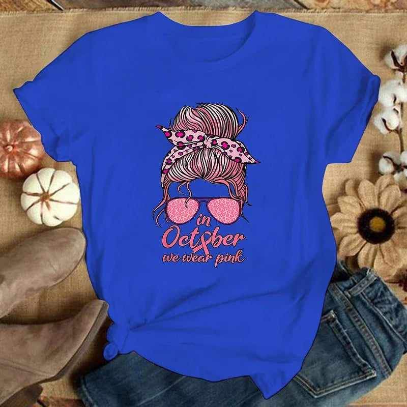 the MESSY BUN - Breast Cancer Printed T-Shirts, Summer Short Sleeve Tee Shirts Round Neck Casual Ladies Tops