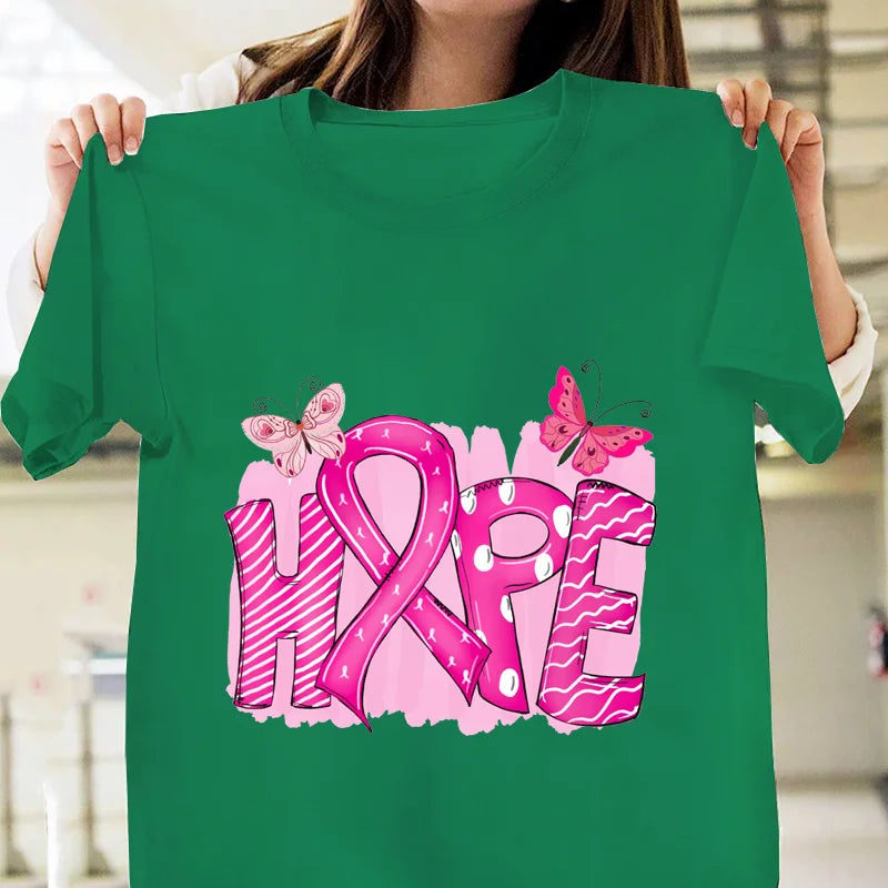 the HOPE BUTTERFLIES - Pink Breast Cancer Awareness Graphic Printed T-Shirt Breast Cancer Prevention Women's Round Neck Short Sleeve T-Shirt
