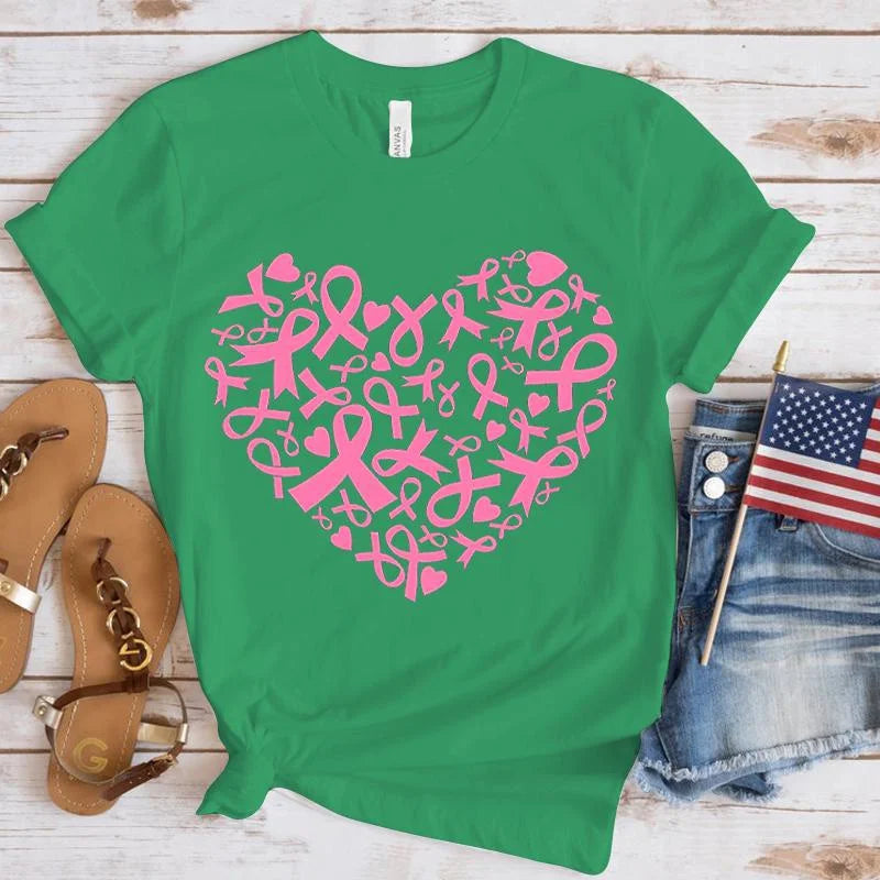 the RIBBON HEART - Breast Cancer Awareness Heart Print T-Shirt