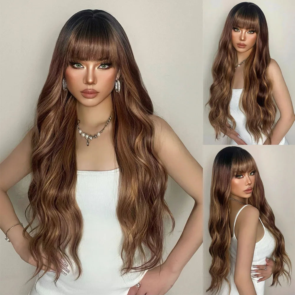 the MADELEINE - Ombre Honey Brown Synthetic Hair Wigs, Long Natural Body Wavy Wig with Bangs, Realistic Daily Party Soft Wig Heat Resistant Fiber