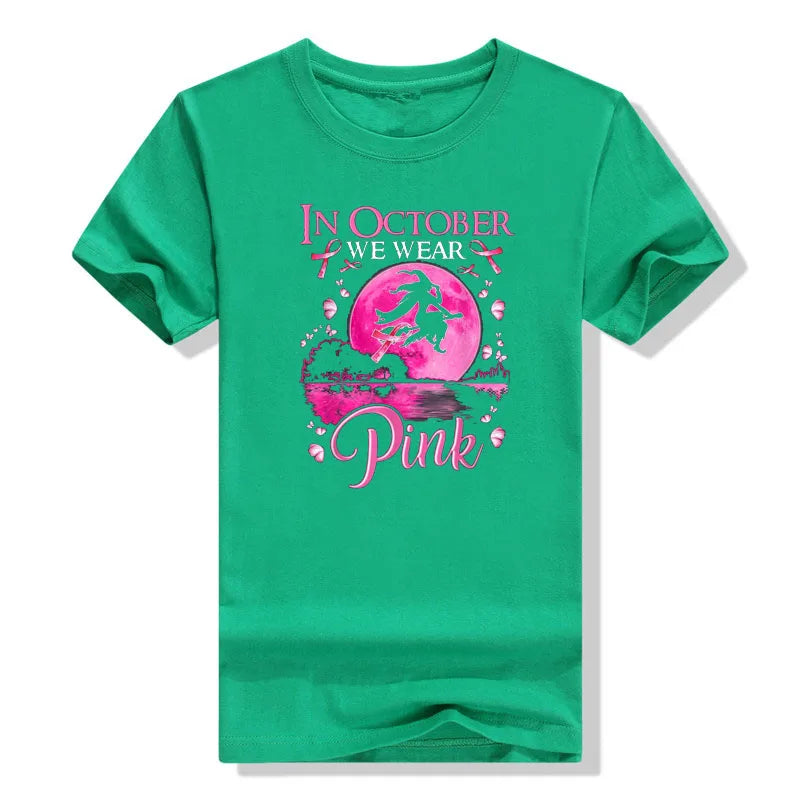 the PINK MOON - In October We Wear Pink Ribbon Witch Halloween Costume Breast Cancer T-Shirt for Women