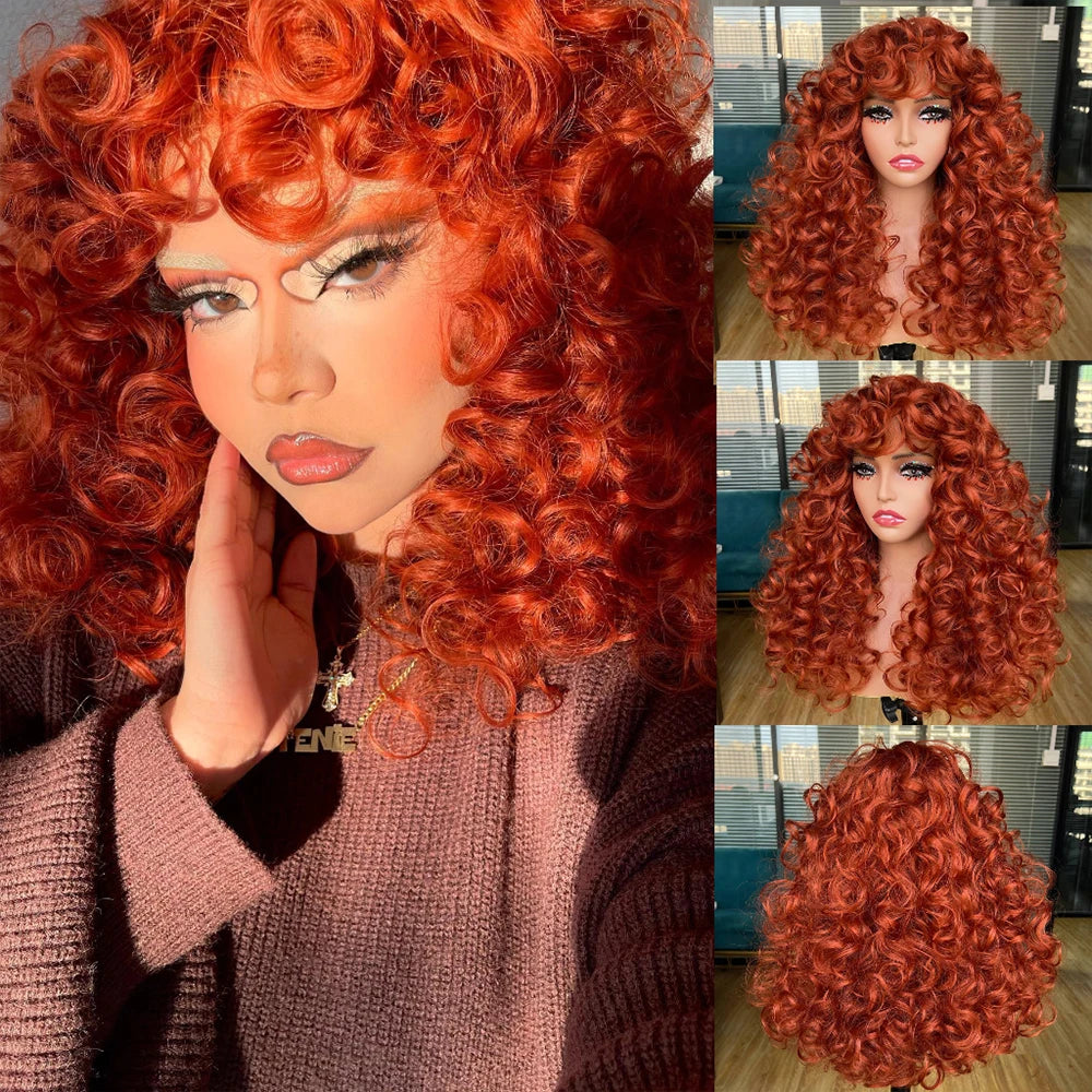 the CURLY SUE - Red Ginger Wig for Women, Long Curly Wave Wigs with Bangs, Copper Synthetic Wig, Natural Cosplay Party Heat Resistant Hair