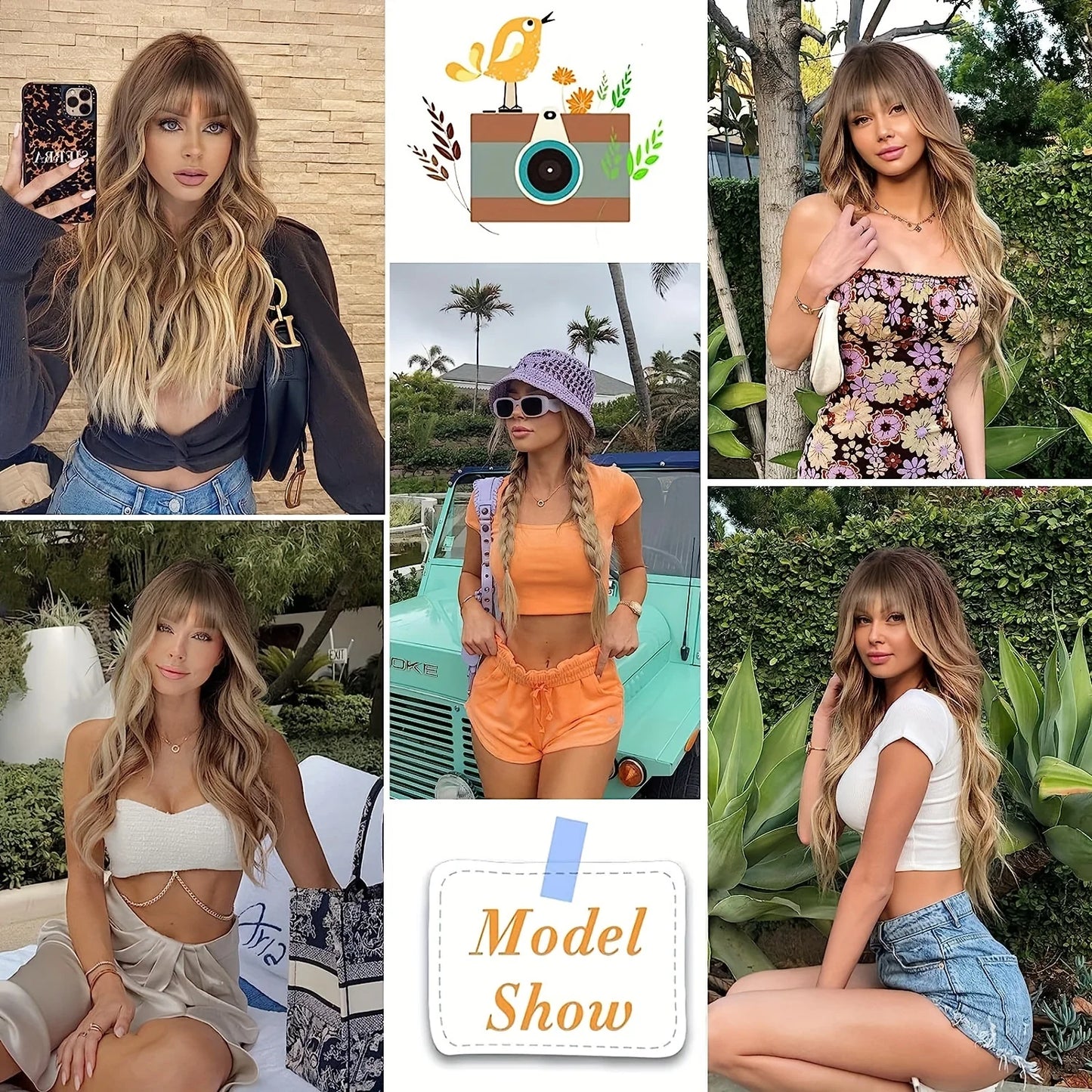 the BANG BADDIE - Ombre Brown Synthetic Long Wavy Wig with Fluffy Bangs for Women, Natural Hair Brown Blonde Highlight Wigs for Daily Cosplay Use