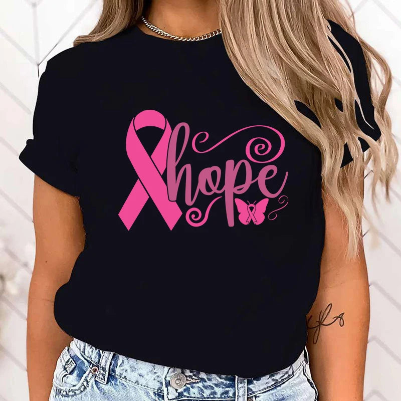 the HOPE RIBBON - Breast Cancer Awareness Hope Print Short Sleeve T-Shirts for Women