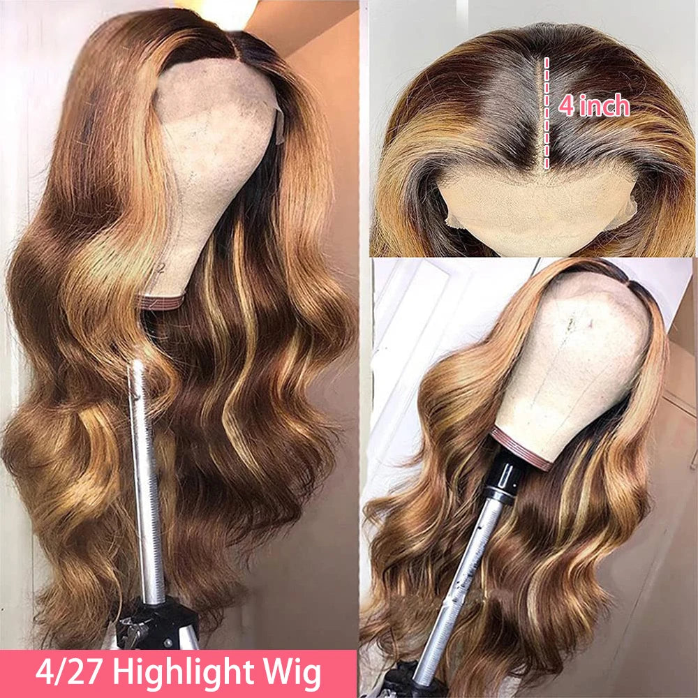 the BECKY - 13x6 Highlight Lace Frontal Wig, Human Hair Body Wave Ombre Colored Honey Blonde Lace Front Human Hair Wigs for Women Pre-Plucked