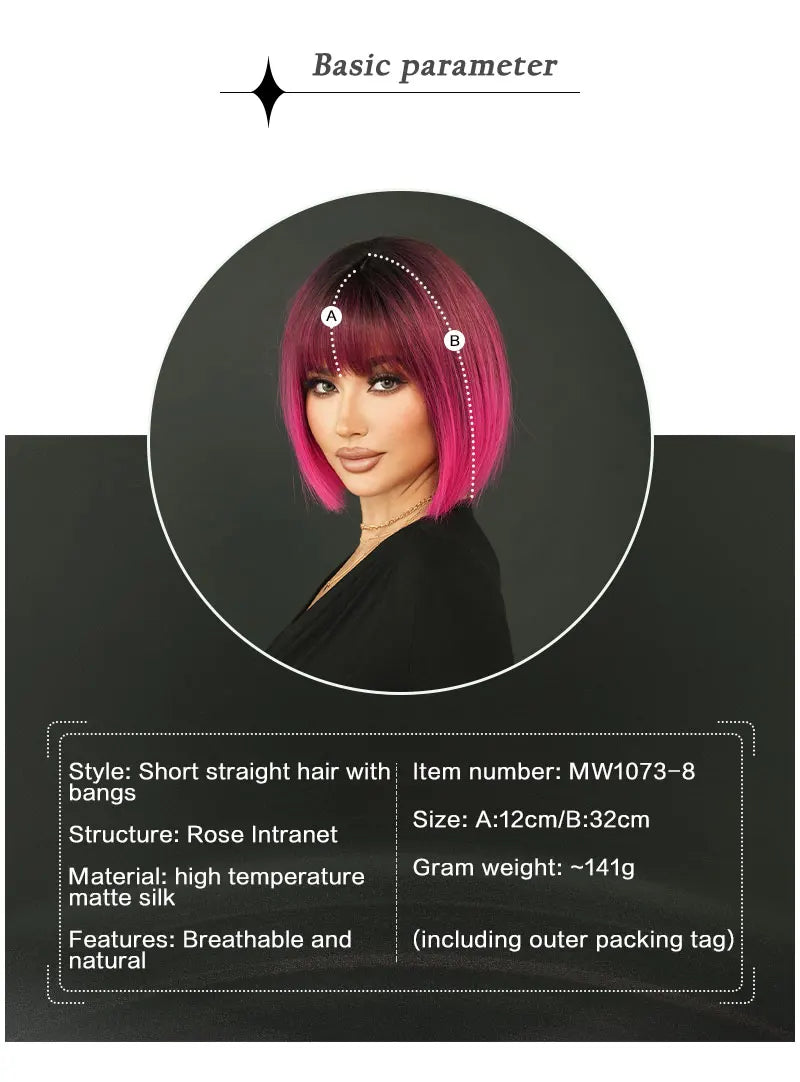 the NAOMI - Rose Pink Short Wig for Women, Daily Party Overhead Dyeing Black Natural Synthetic Lavender Heat Resistant Straight Wigs
