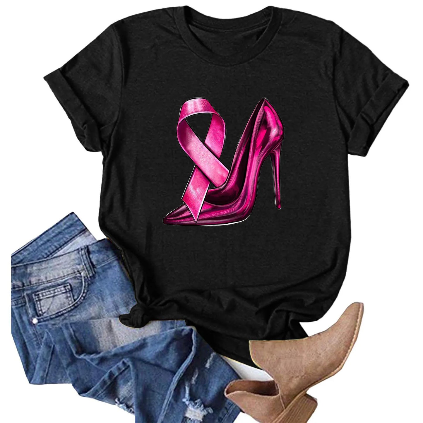 the STILETTO - Breast Cancer Graphic T-Shirts for Women Breast Cancer Awareness Tees