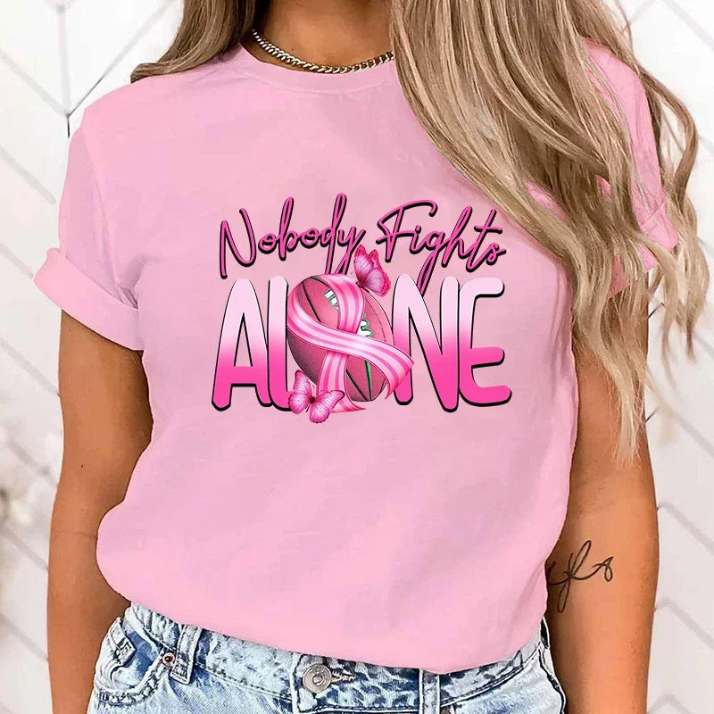 the NOONE FIGHTS ALONE - High Quality Breast Cancer Awareness Nobody Fights Alone Print T-Shirt for Women