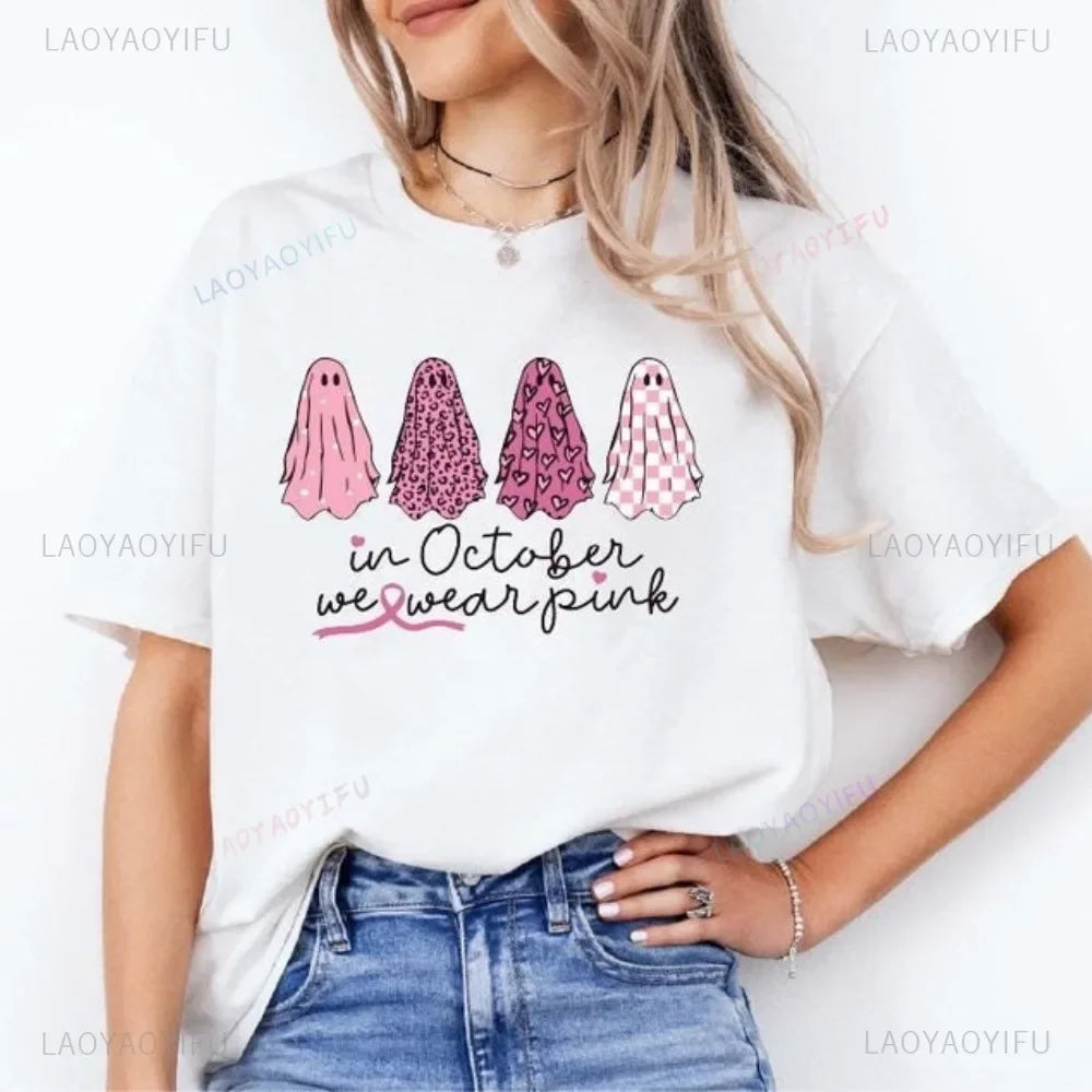 the OCTOBER COLLECTION - In October We Wear Pink Ghosts Cotton T-Shirt Breast Cancer Awareness Halloween T-Shirt Breast Cancer Support Tee