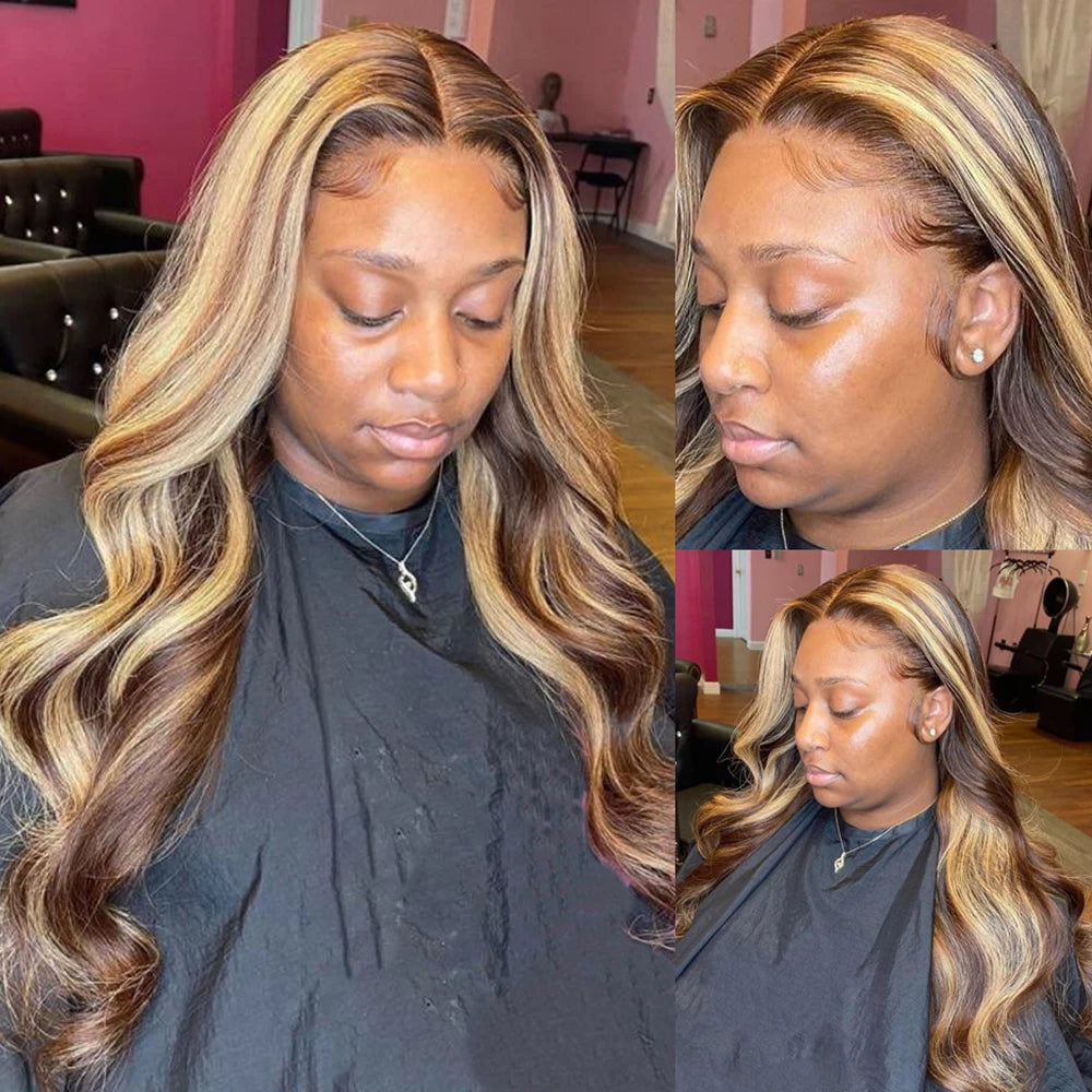 the BECKY - 13x6 Highlight Lace Frontal Wig, Human Hair Body Wave Ombre Colored Honey Blonde Lace Front Human Hair Wigs for Women Pre-Plucked