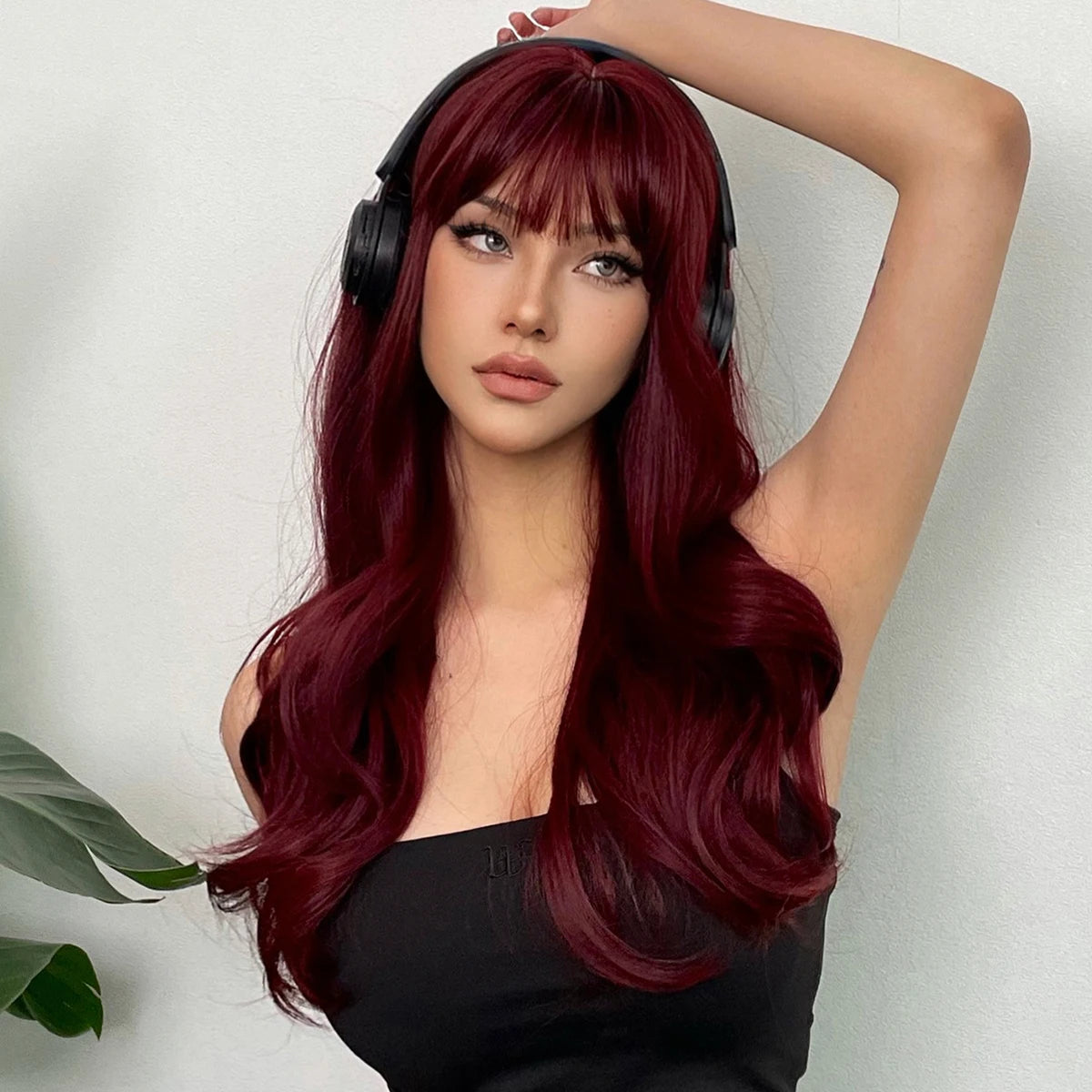 the LOLITA - Synthetic Burgundy Long Wavy Wig, Wine Red Colorful Cosplay Lolita Wigs with Bangs for Women, Natural Hair Heat Resistant