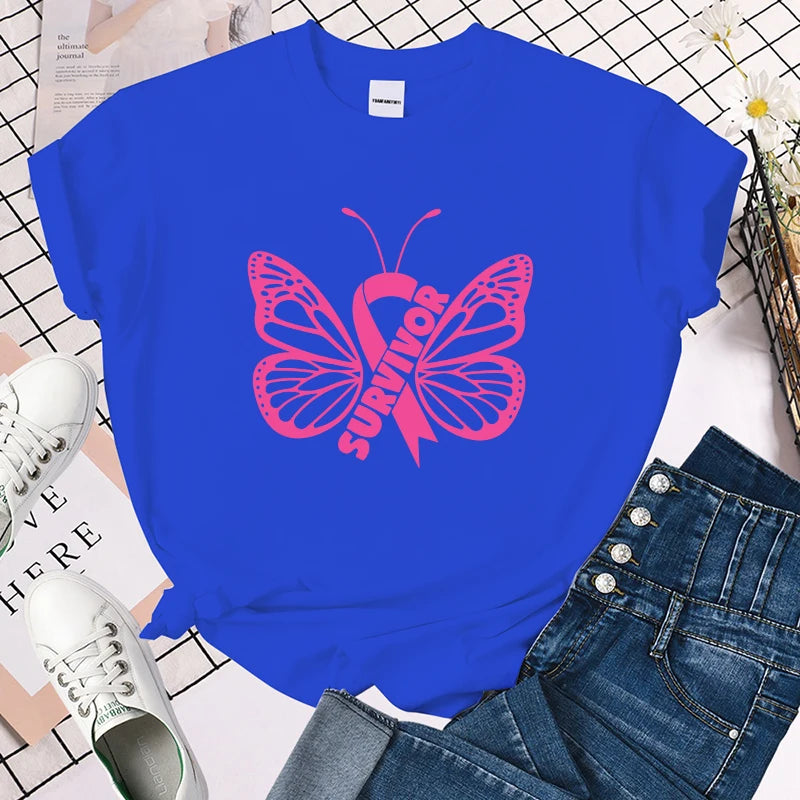 the SURVIVOR BUTTERFLY - Breast Cancer Awareness Survivor Butterfly Printed T-Shirt for Women
