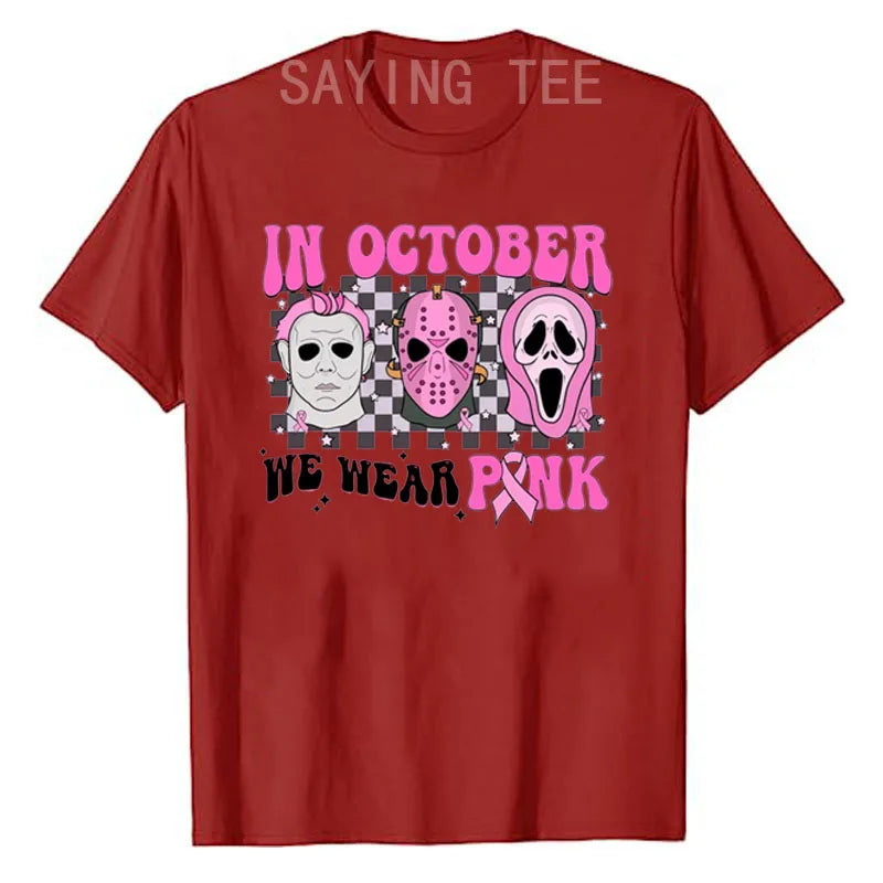 the SCARY MOVIE - Women Horror Movie Halloween Costume Gifts Pink Ribbon Breast Cancer Awareness T-Shirts Funny Novelty Graphic Short Sleeve Tops