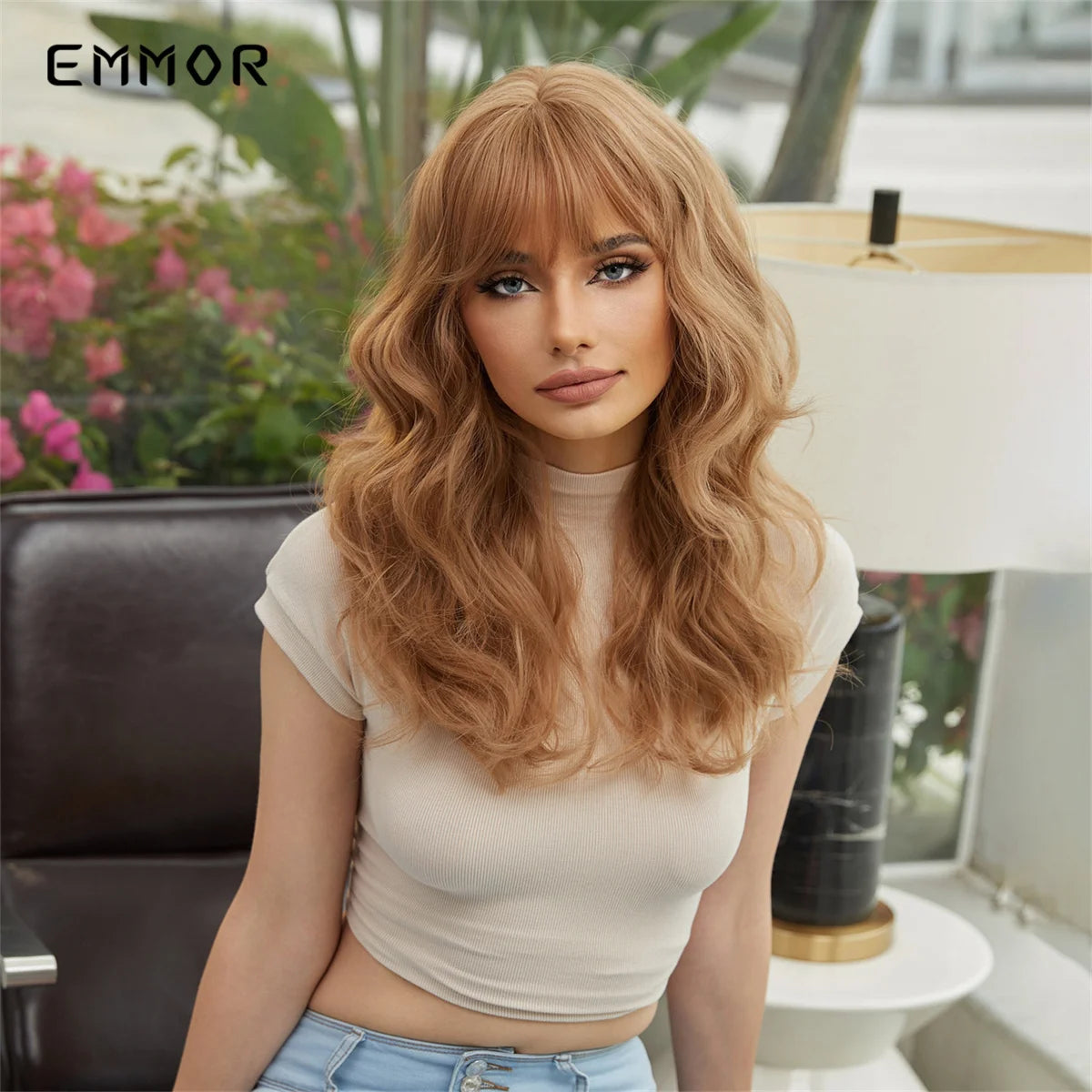 the RACHEL - Synthetic Light Brown Natural Medium Long Wavy Hair Wig with Bangs for Women, Heat Resistant Daily Cosplay Party Wigs