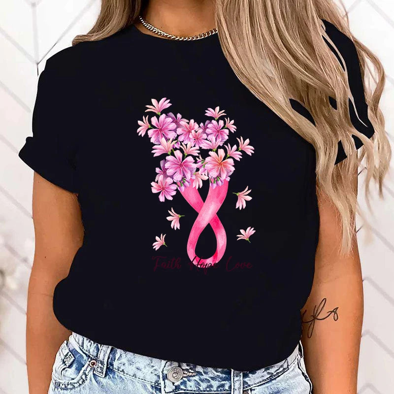 the FLORAL RIBBON - Breast Cancer Awareness Faith Hope Love Print T-Shirt Short Sleeve O Neck Loose Women Summer Cool T-Shirt