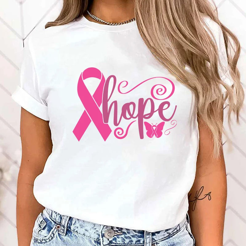 the HOPE RIBBON - Breast Cancer Awareness Hope Print Short Sleeve T-Shirts for Women
