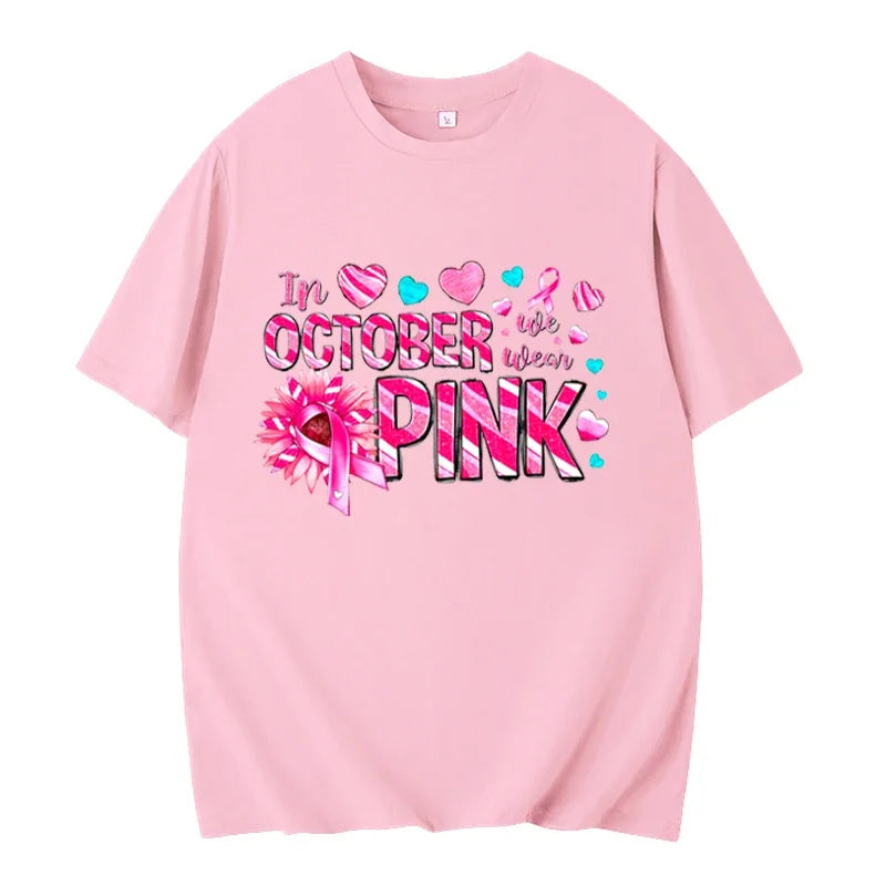 the OCTOBER PINK - In October We Wear Pink Short-Sleeved Shirts Pink Breast Cancer Awareness