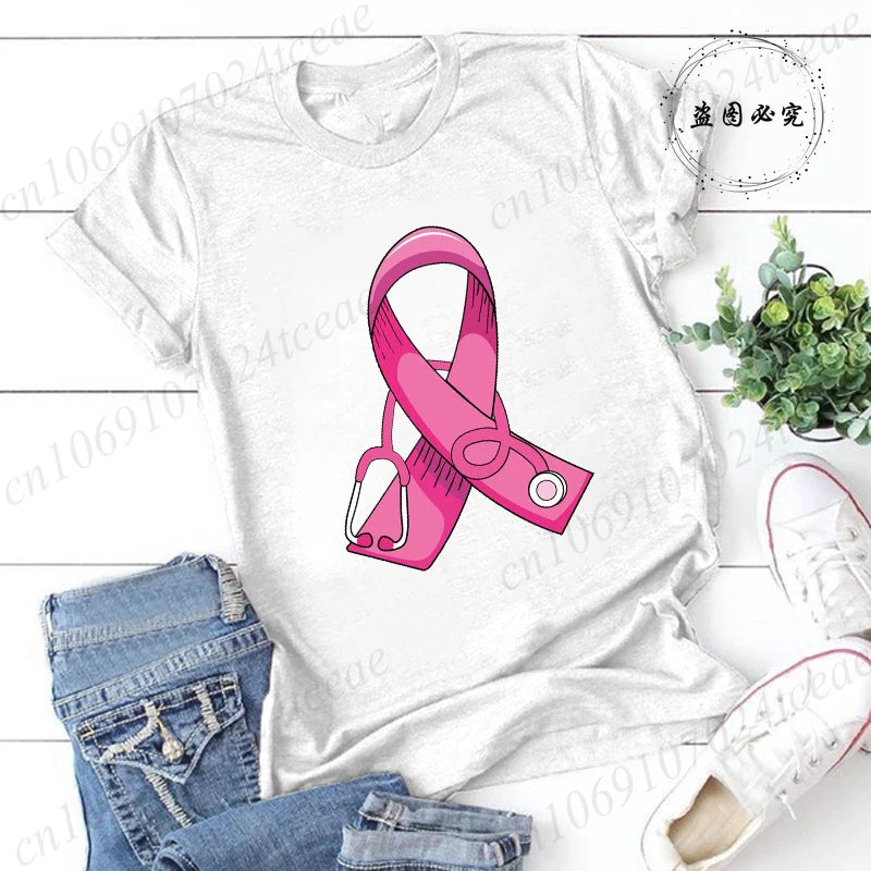 Breast Cancer Doctor Print Tshirt Women Breast Cancer Warrior Graphic Aesthetic T Shirt Pink Stethoscope Tshirt Ladies Clothing