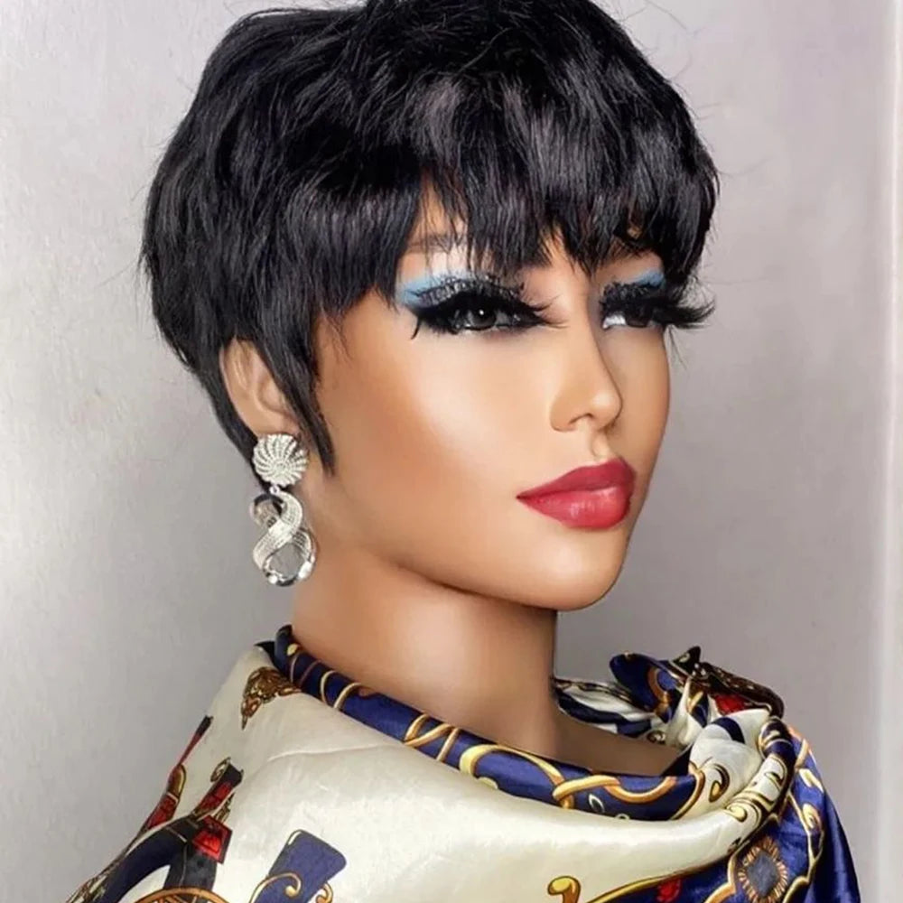 the PIXIE - Short Pixie Cut Wig, Human Hair for Women, Machine Made Wigs with Bangs, Colored Brazilian Wig Human Hair Wigs