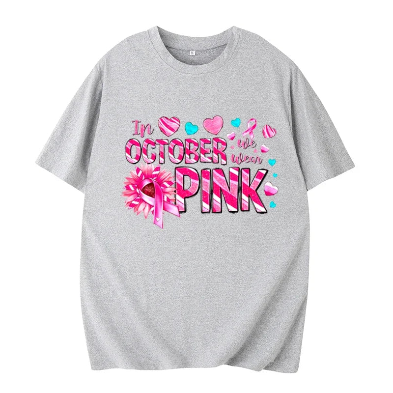 the OCTOBER PINK - In October We Wear Pink Short-Sleeved Shirts Pink Breast Cancer Awareness