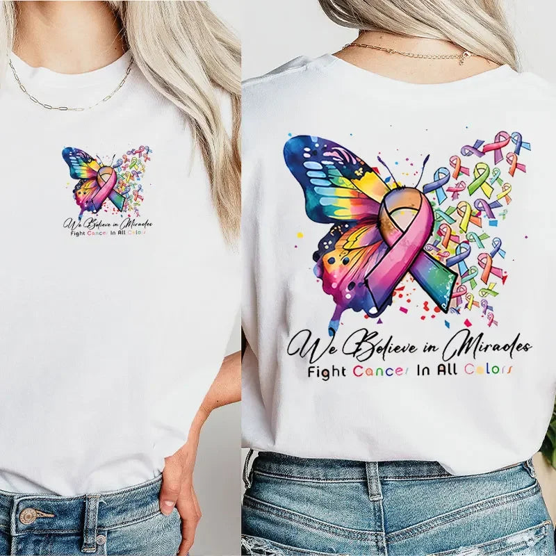 the MIRACLE BELIEVER - Cancer Warrior T-Shirt Butterfly Ribbon Graphic Tees