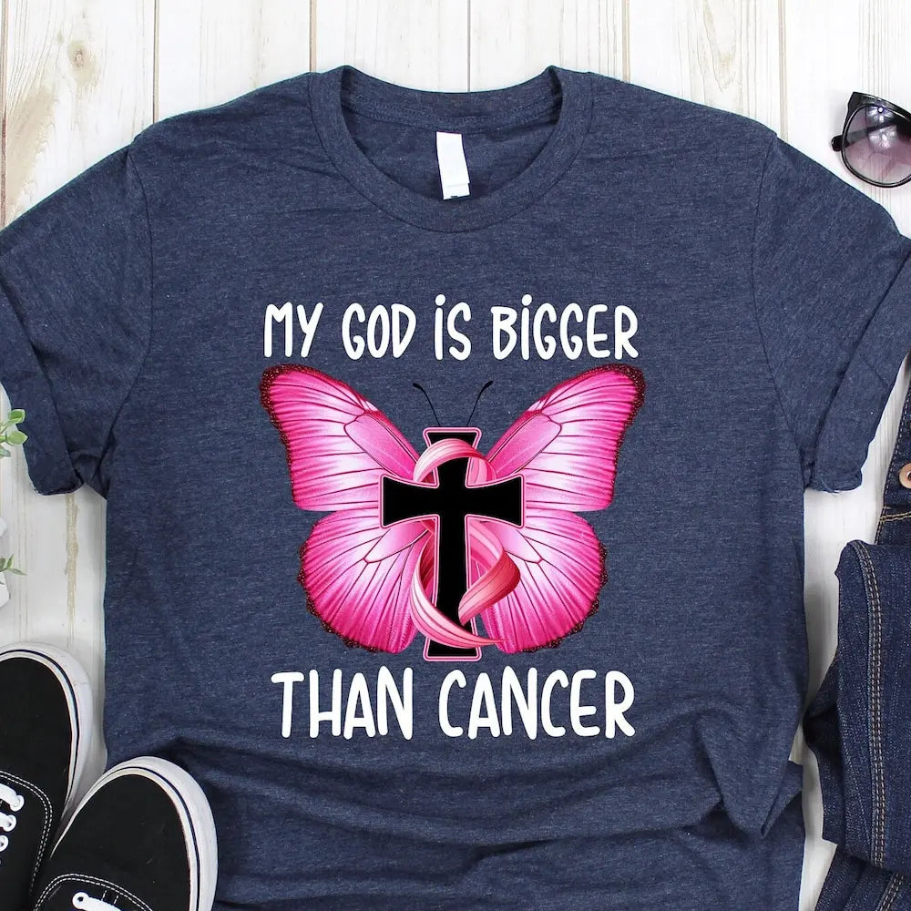 the MY GOD IS BIGGER - God Is Bigger Than Cancer T-Shirt, Breast Awareness Pink Ribbon Survivor Strong Women Support