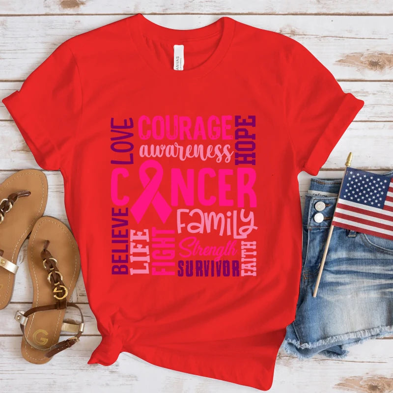 the WORDS OF ENCOURAGEMENT - Breast Cancer Awareness Cancer Letter Printed T-Shirts for Women