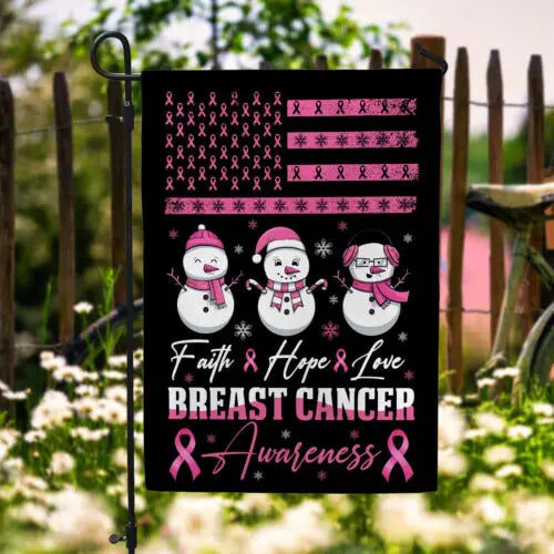 the SNOWMAN TRIO - Faith Hope Love Pink Ribbon Breast Cancer Awareness Garden Flag