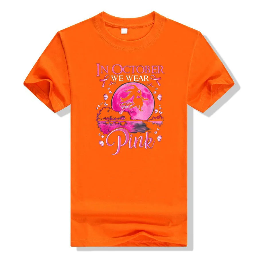 the PINK MOON - In October We Wear Pink Ribbon Witch Halloween Costume Breast Cancer T-Shirt for Women