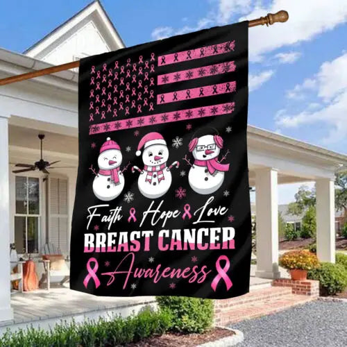 the SNOWMAN TRIO - Faith Hope Love Pink Ribbon Breast Cancer Awareness Garden Flag