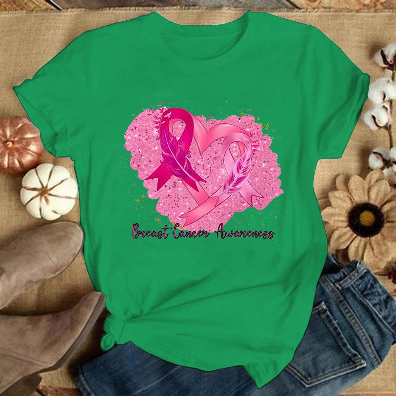 the GLITTER HEART - Breast Cancer Summer Graphic Casual Short Sleeve Round Neck T-Shirts