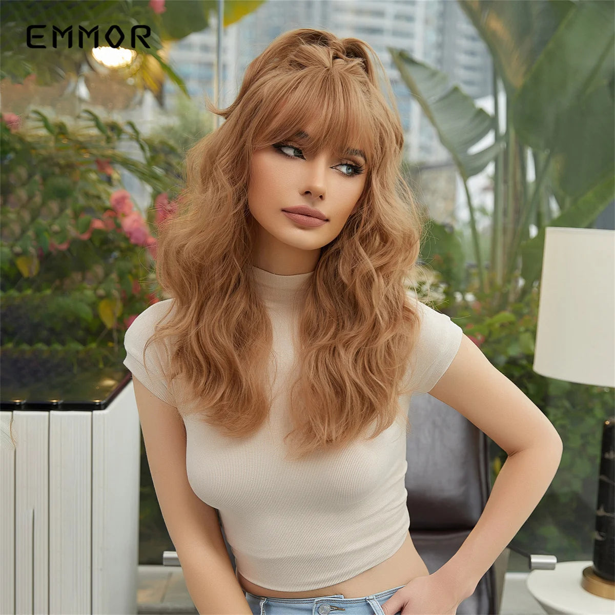 the RACHEL - Synthetic Light Brown Natural Medium Long Wavy Hair Wig with Bangs for Women, Heat Resistant Daily Cosplay Party Wigs