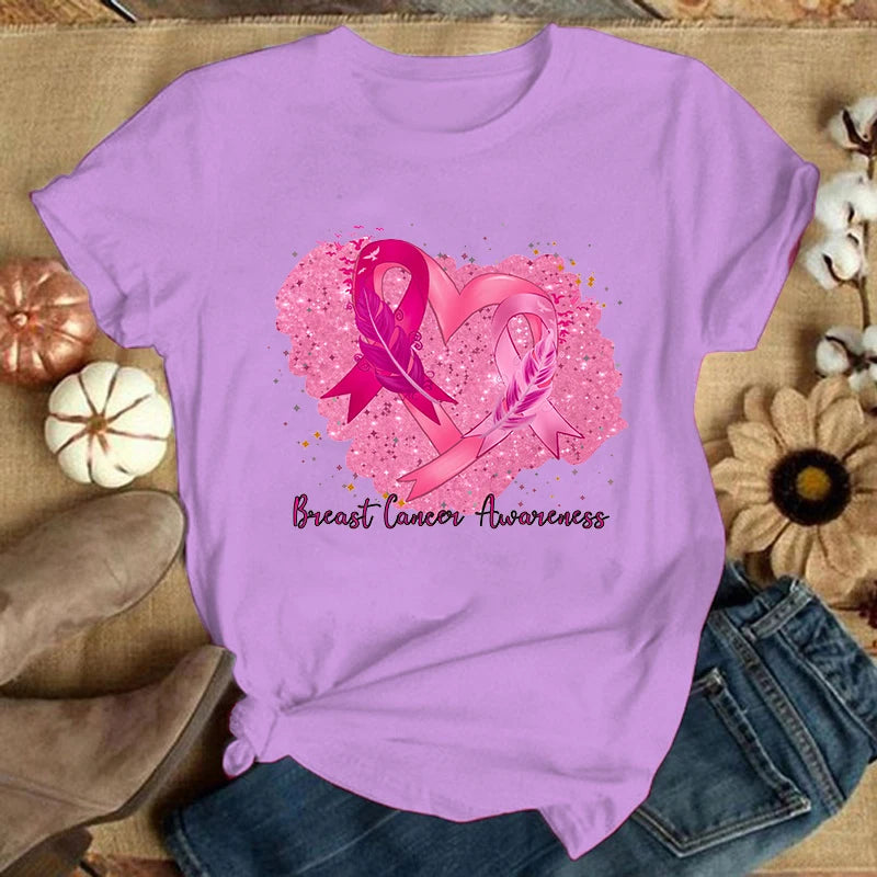 the GLITTER HEART - Breast Cancer Summer Graphic Casual Short Sleeve Round Neck T-Shirts