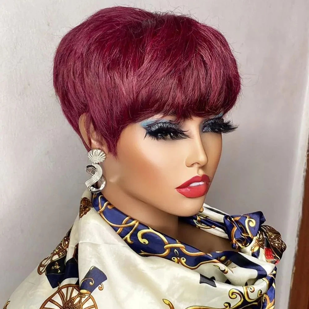 the PIXIE - Short Pixie Cut Wig, Human Hair for Women, Machine Made Wigs with Bangs, Colored Brazilian Wig Human Hair Wigs