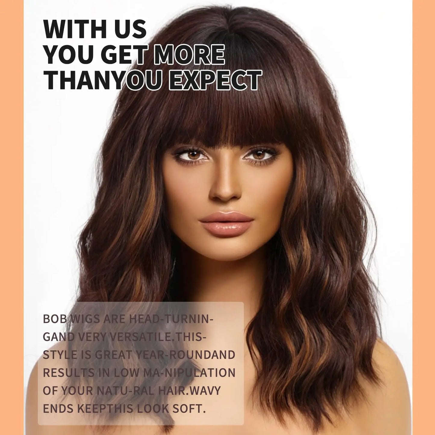the WAVE BOB - Short Brown Highlight Wigs with Bangs, Natural Wavy Hair Wigs for Women, Heat Resistant Synthetic Bob Wig Shoulder Length