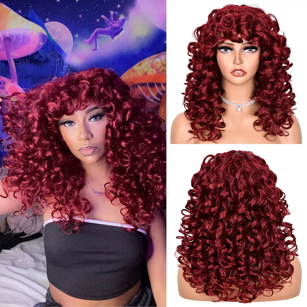 the CURLY SUE - Red Ginger Wig for Women, Long Curly Wave Wigs with Bangs, Copper Synthetic Wig, Natural Cosplay Party Heat Resistant Hair