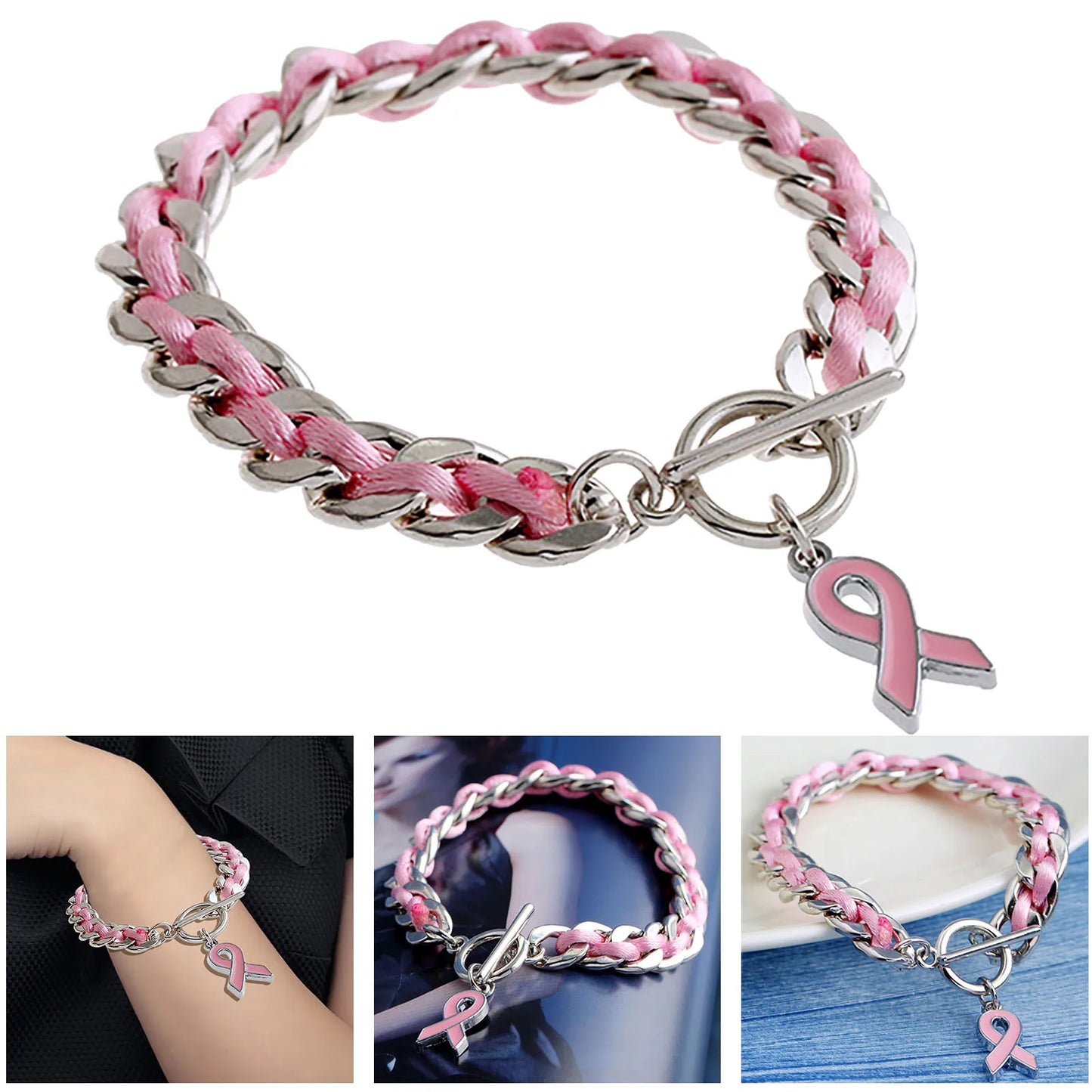 the PINK CHAIN - Pink Ribbon Breast Bracelet Rope, Pink Gift Breast Bracelet Love Ribbon Rope Bracelets