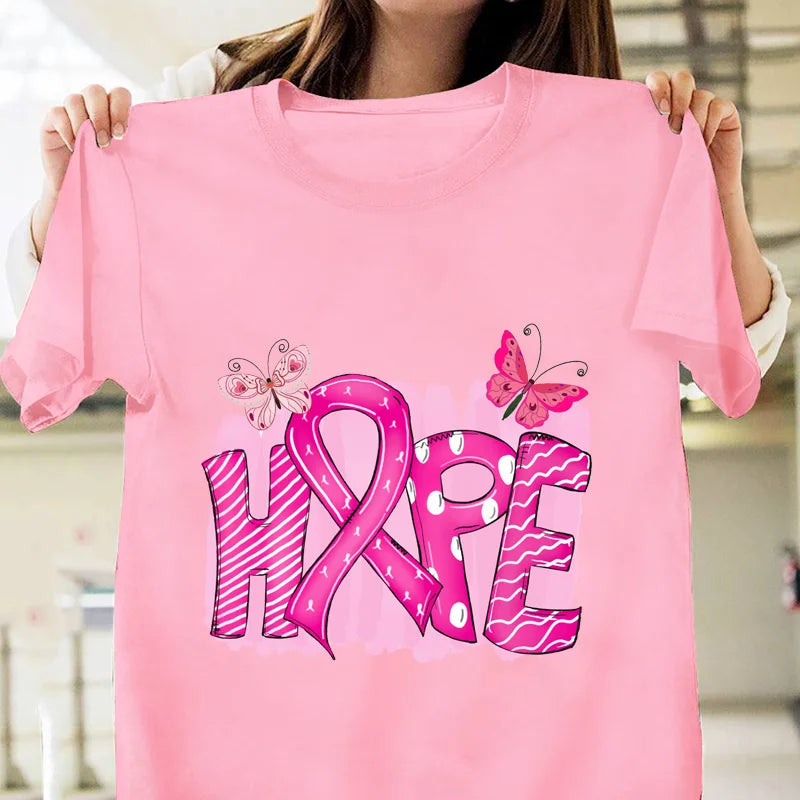 the HOPE BUTTERFLIES - Pink Breast Cancer Awareness Graphic Printed T-Shirt Breast Cancer Prevention Women's Round Neck Short Sleeve T-Shirt