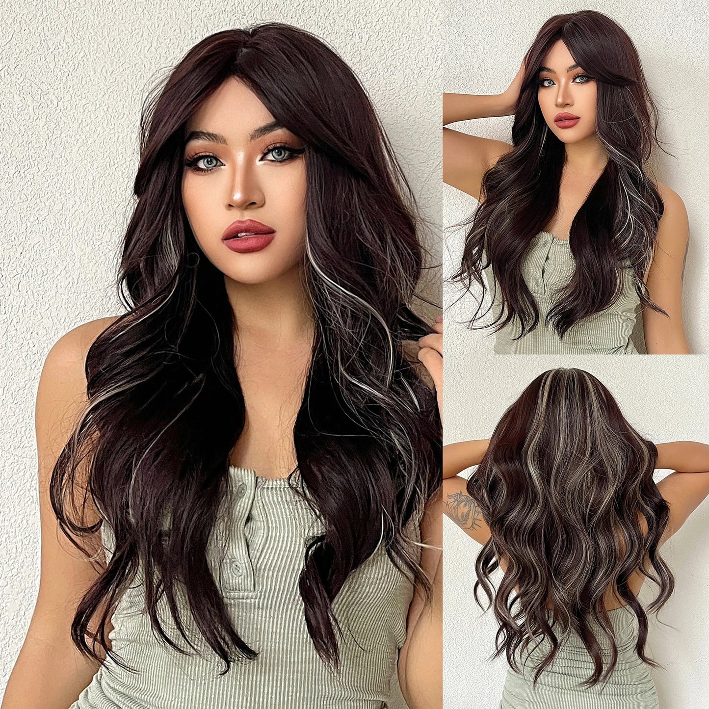the BANG BADDIE - Ombre Brown Synthetic Long Wavy Wig with Fluffy Bangs for Women, Natural Hair Brown Blonde Highlight Wigs for Daily Cosplay Use