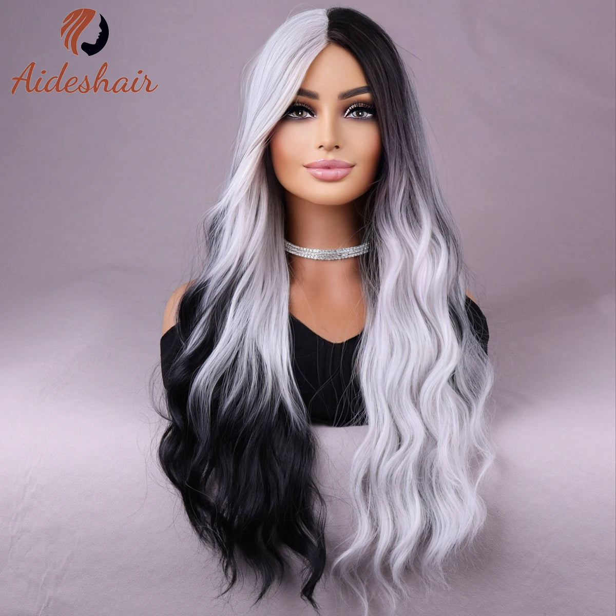 the CRUELLA - Synthetic Wig European and American Fake Hair, Celebrity Women's Double Black and White Long Rolls
