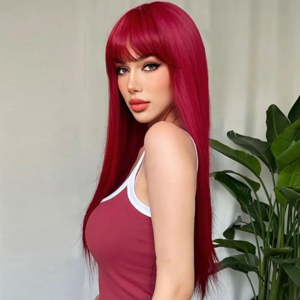 the HOT GIRL CLUB - Long Straight Synthetic Wigs, Air Bangs Natural Heat-Resistant Hair, Women Daily Halloween/Cosplay Party Full Head Cover