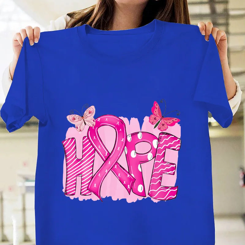 the HOPE BUTTERFLIES - Pink Breast Cancer Awareness Graphic Printed T-Shirt Breast Cancer Prevention Women's Round Neck Short Sleeve T-Shirt
