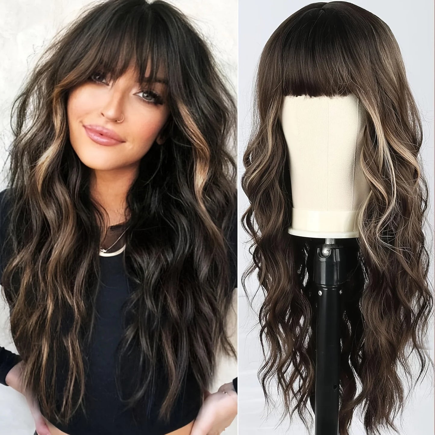 the BANG BADDIE - Ombre Brown Synthetic Long Wavy Wig with Fluffy Bangs for Women, Natural Hair Brown Blonde Highlight Wigs for Daily Cosplay Use